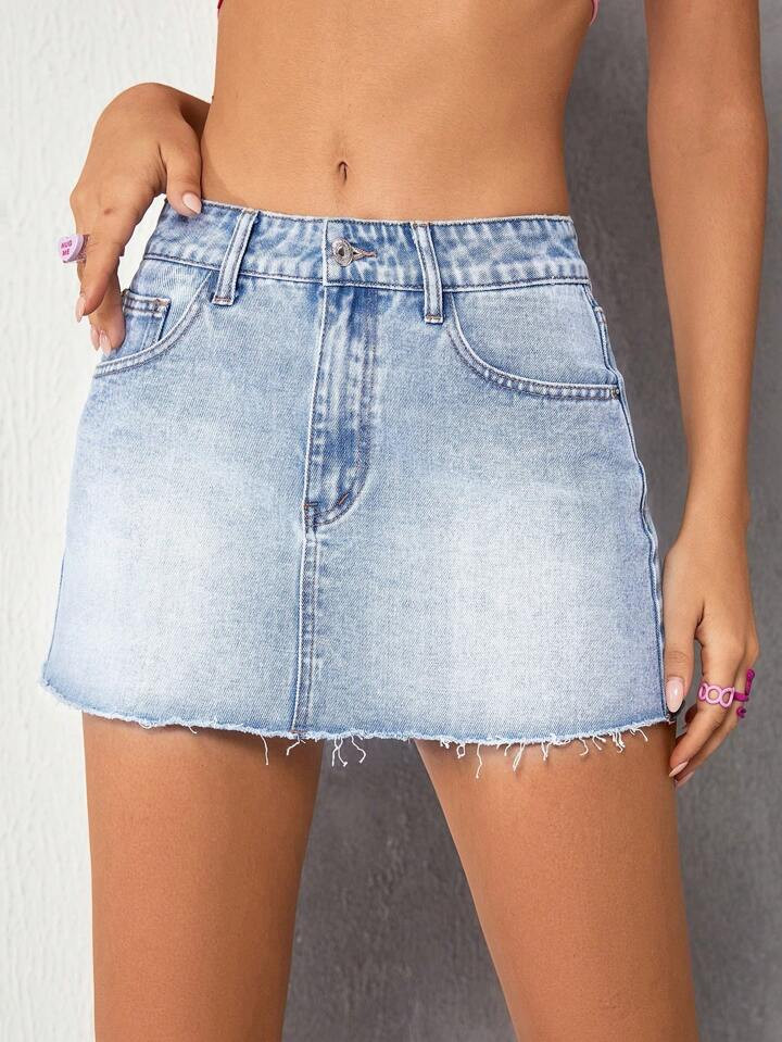 SHEIN ICON Eenkleurig Denim rok Zak Ruwe hem Rits | SHEIN