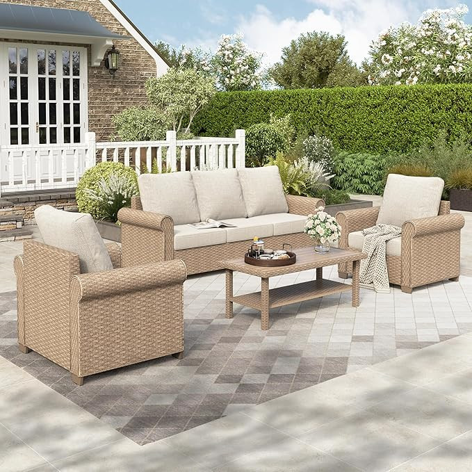 HERA'S HOUSE 4-Piece Patio Furniture Set, All Weather 5 Seats Outdoor Wicker Sofa with 44" Coffee... | Amazon (US)