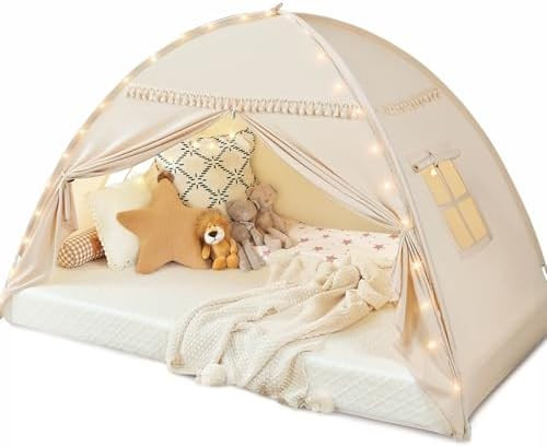 Toddler Canopy Lights & Flags Indoor Floor Bed Kids Tent Playhouse Portable & Foldable Twin Bunk ... | Amazon (US)