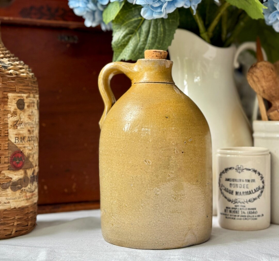 Reserved for DANA Antique 19th Century Stoneware Pottery Bottle Jug Salt Glazed Crock Yellow Flax... | Etsy (US)