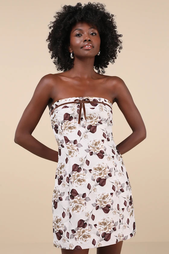 Staying Charming Light Grey Floral Jacquard Strapless Mini Dress | Lulus