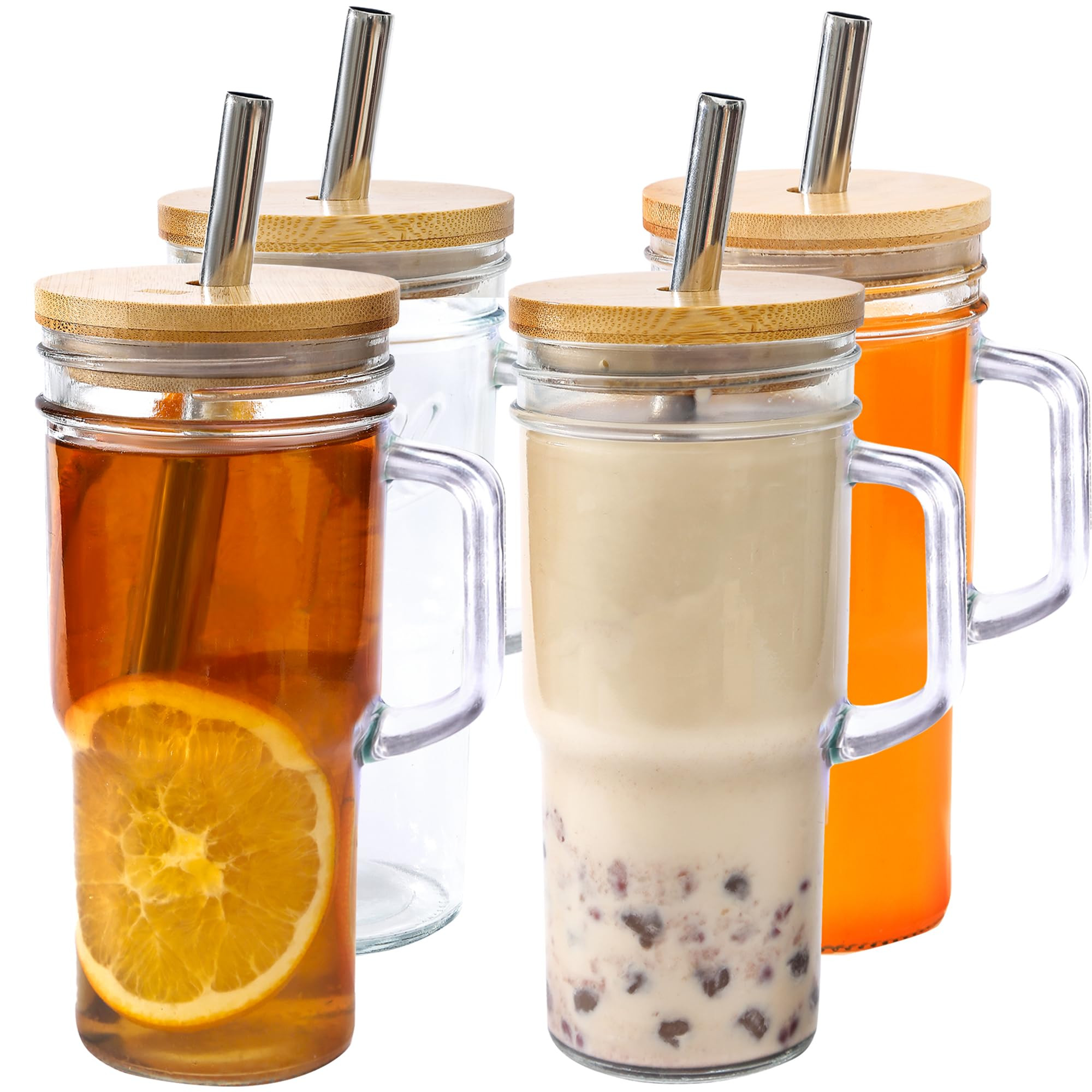 24oz Glass Cups with Lids and Straws - Tumbler glass cup with bamboo lids and straw 4 pack | Amazon (US)