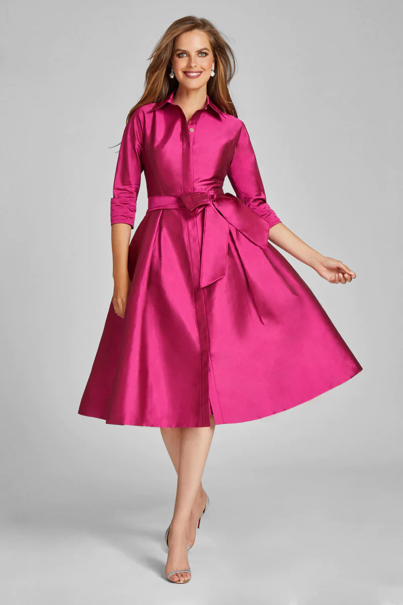 3/4 Sleeve Belted Taffeta Shirtdress | TERIJON