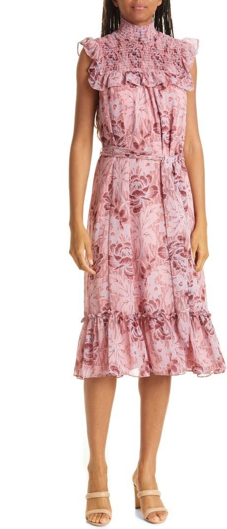 LIKELY Gio Floral Print Smocked Ruffle Chiffon Midi Dress | Nordstrom | Nordstrom