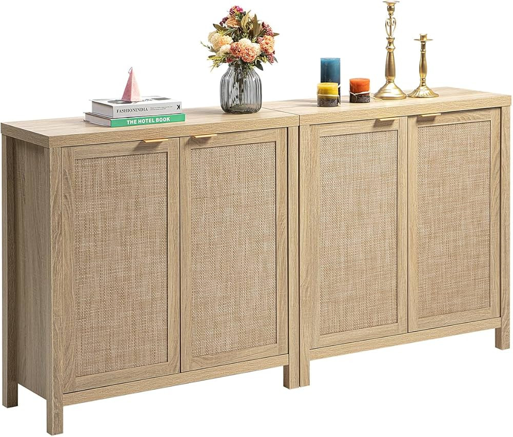 SICOTAS Credenza Sideboard Buffet Rattan Cabinet - Boho Large Kitchen Storage Cabinet with Rattan... | Amazon (US)