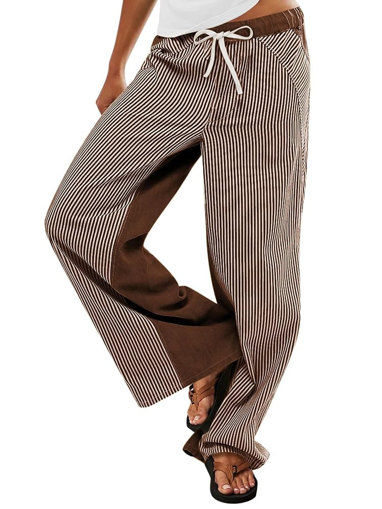 Low Rise Striped Pants for Women Pull On Drawstring Boho Wide Leg Jeans Trendy 2025 | Amazon (US)