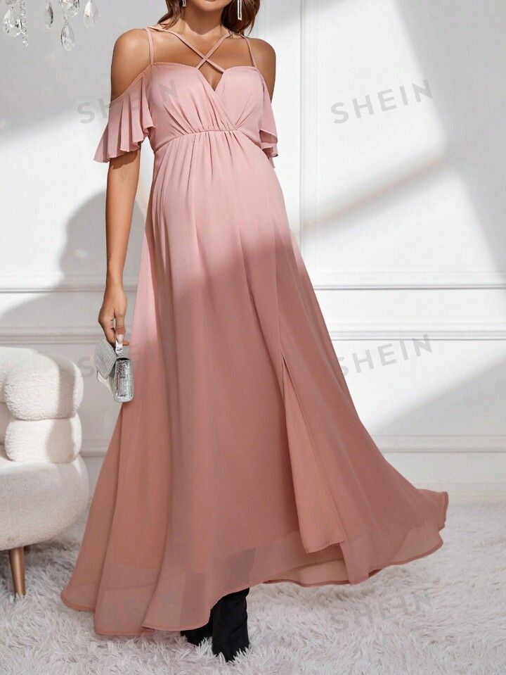 SHEIN Maternity Cold Shoulder Ruffle Trim Chiffon Dress | SHEIN