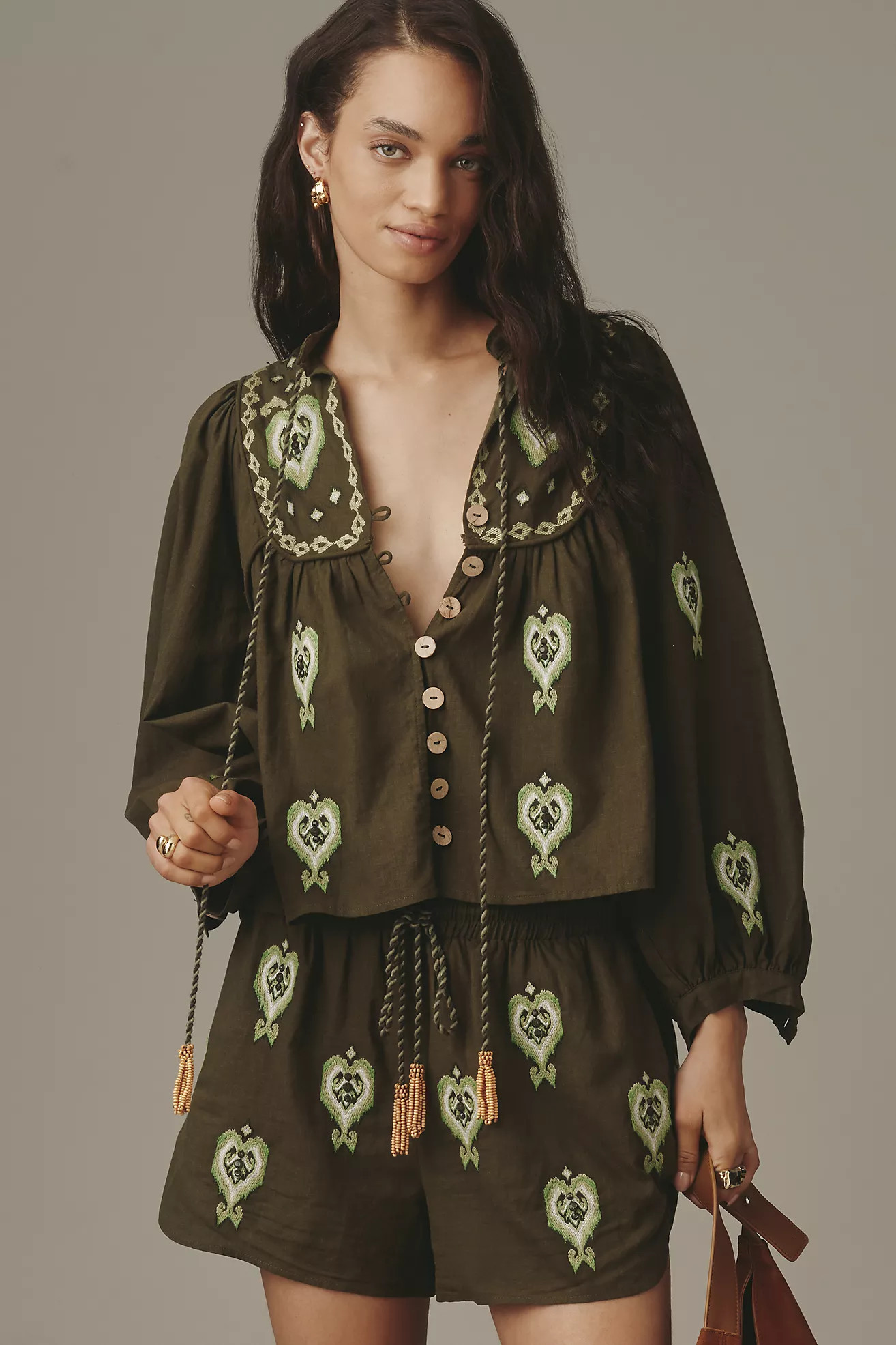 Farm Rio Embroidered Linen Blend Blouse | Anthropologie (US)