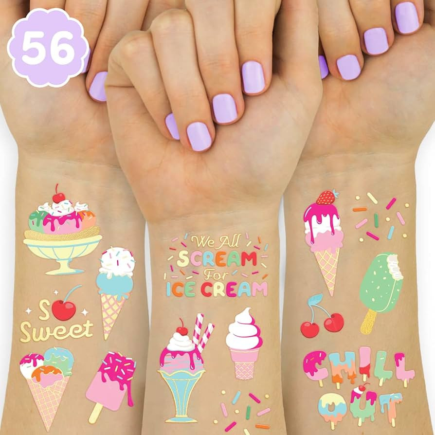 xo, Fetti Ice Cream Birthday Party Temporary Tattoos for Kids - 56 Glitter Styles | Dessert, Swee... | Amazon (US)