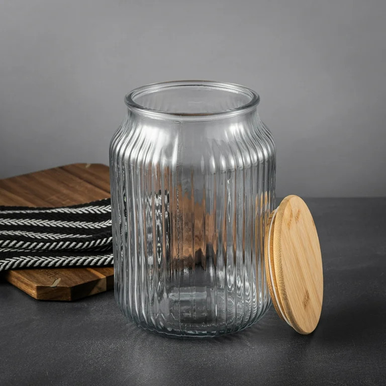 Thyme & Table Large (3 L) Ribbed Glass Kitchen Organization Jar with Bamboo Lid, Clear | Walmart (US)