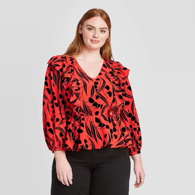 Women's Plus Size Long Sleeve V-Neck Ruffle Blouse - Who What Wear™ | Target