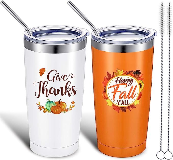 2 Pack Give Thanks Happy Fall Mug Tumbler Cup, Novelty Funny Autumn Gift Harvest Leaves for Fall ... | Amazon (US)