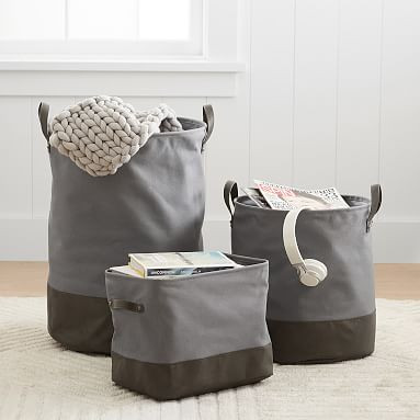 Black/Charcoal Vegan Leather-Trim Canvas Bins | Pottery Barn Teen | Pottery Barn Teen