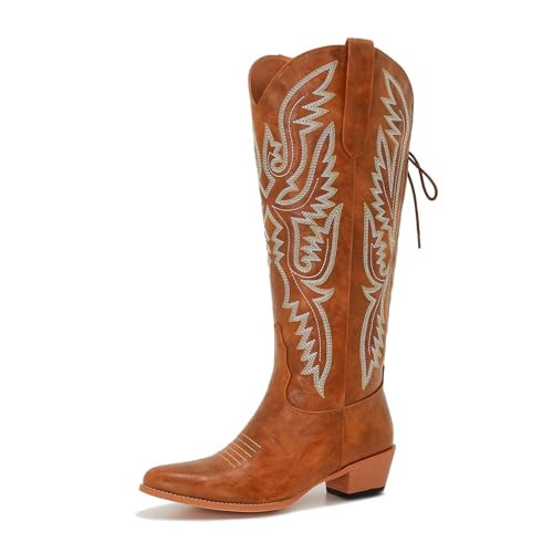 Brown cowgirl boots women extra wide calf Adjustable Lace Up Knee High tall plus size cowboy boots western style Comfortable 2-inch heel Size 9 Wide | Amazon (US)