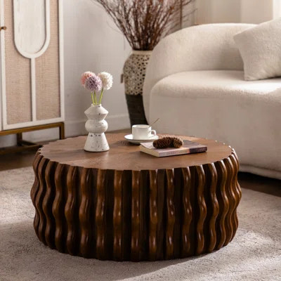 Modern Round Coffee Table With Mid Century Fluted Drum Design, Solid Wood, Pedestal Base, For Bedroom, Apartment, Living Room, , Easy To Keep Clean, C | Wayfair North America