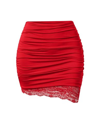 YMDUCH Women's Casual High Waist Stretchy Ruched Bodycon Lace Mini Short Skirts Red | Amazon (US)