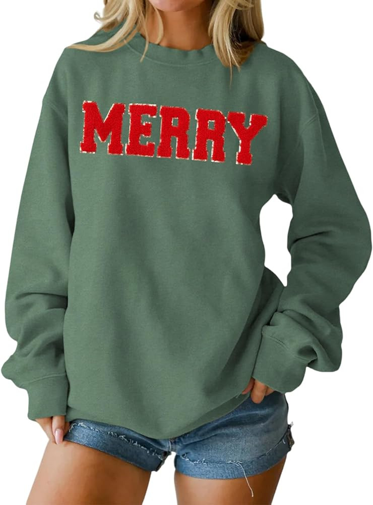 IZYJOY Christmas Women's Merry Graphic Sweatshirt Chenille Patch Letter Printed Crewneck Xmas Gif... | Amazon (US)