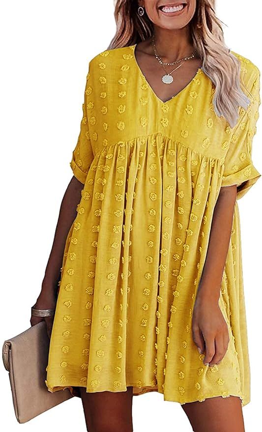 KIRUNDO Summer Women’s Short Sleeves Mini Dress Sexy V Neck Flowy Casual Dress Swiss Dot Short ... | Amazon (US)