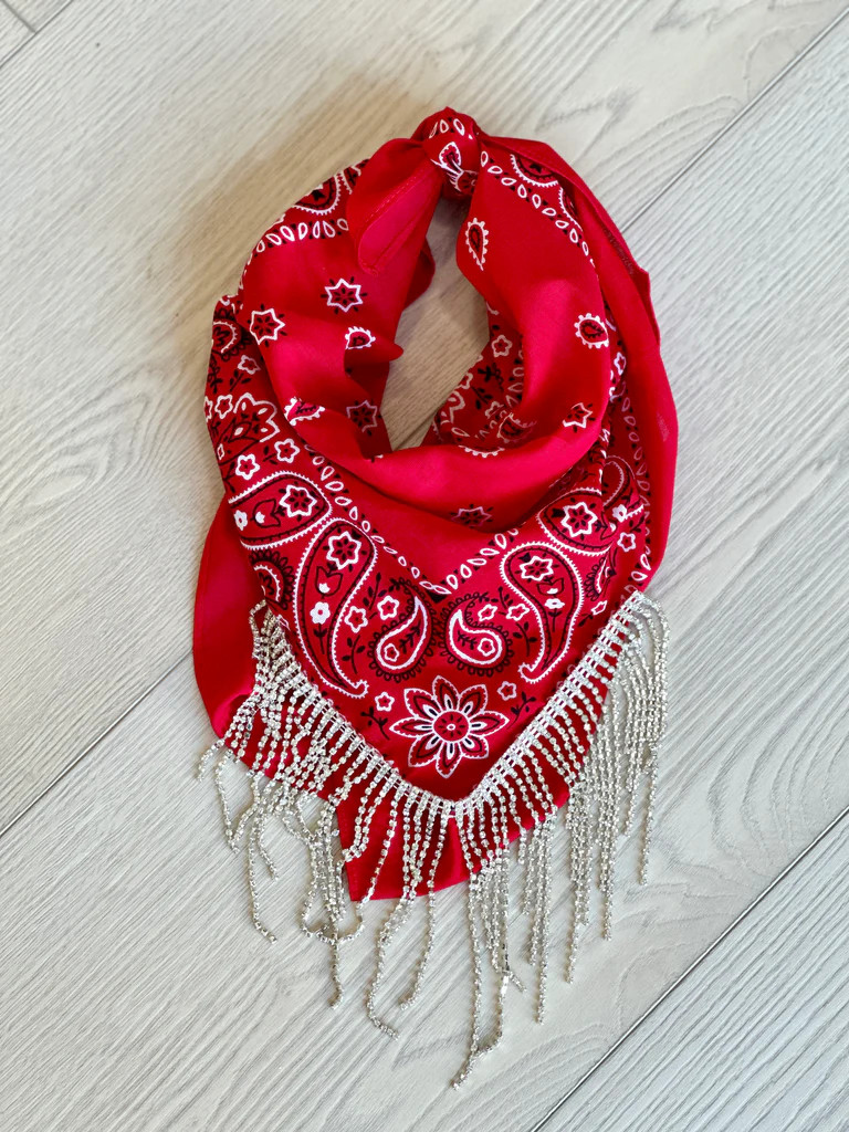 AS SEEN ON BRITT HORTON!! “GB ORIGINAL" Crystal Fringe Bandana in Red | Glitzy Bella