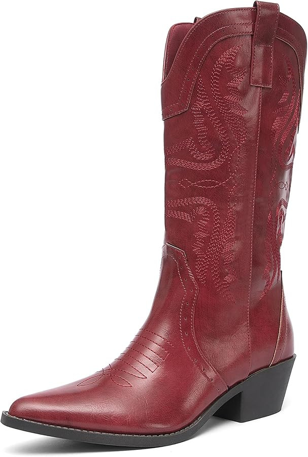 NEWBELLA Cowboy Boots for Women Pointed Toe Western Cowgirl Mid Calf Boots with Chunky Block Heel | Amazon (CA)