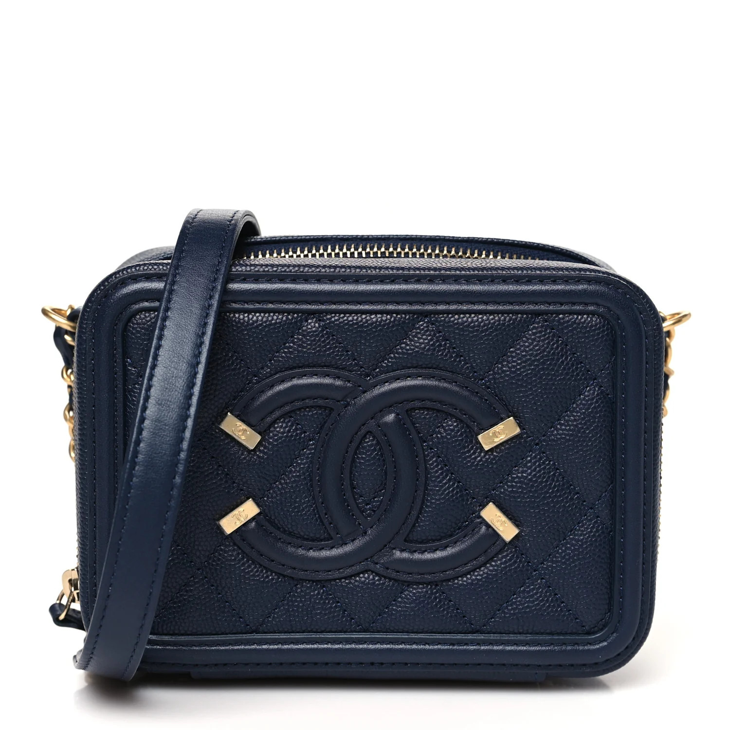 Caviar Quilted CC Filigree Vanity Clutch With Chain Navy | FASHIONPHILE (US)