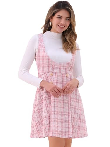 Allegra K Pinafore Overall Dress for Women's U Neck Tweed Plaid Dress | Amazon (US)