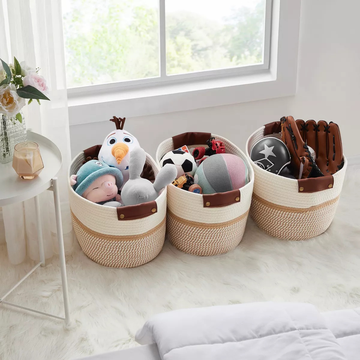 Ornavo Home 3 Pack Cotton Rope Shelf Storage Basket with Faux Leather Handles | Target
