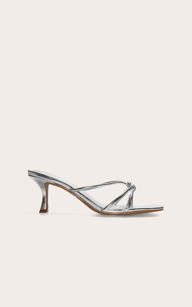 Silver Wide Fit Pu Square Toe Knotted Heel Mules | Footwear | PrettyLittleThing UK
