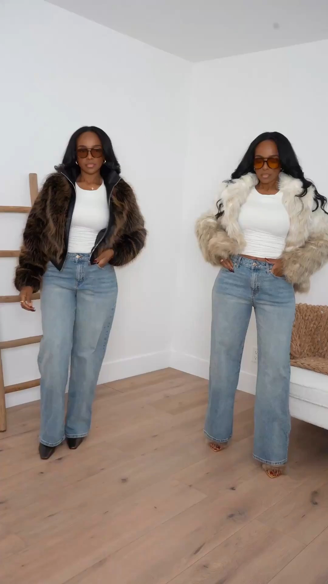 **Faux Fur Street Style** — Luxe texture meets casual denim: cropped faux fur jackets in rich brown and winter white layered over a classic white top and wide-leg jeans. Effortless, cozy, and so chic.  

Perfect for winter/Fall outings, casual nights out, or statement street style.  

📏 Sizing: Jackets (Small, true to size with roomy fit) | Top (Small, fitted) | Jeans (27, true to size)  

#LTKStyle #FauxFurJacket #WinterOutfitInspo  

#LTKSeasonal #LTKPetite #LTKStyleTip