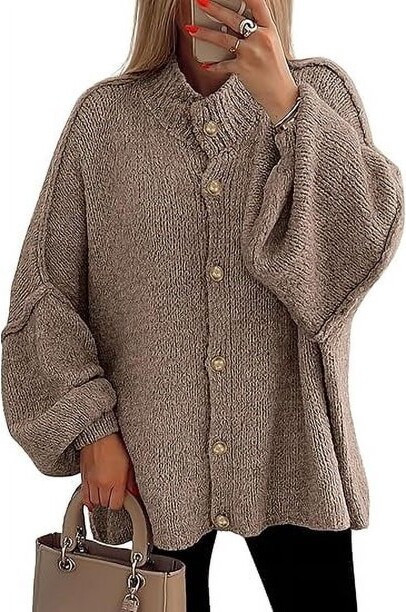 PRETTYGARDEN Women's Winter Button Down Cardigan Sweaters Mock Neck Lantern Long Sleeve Chunky Kn... | Walmart (US)
