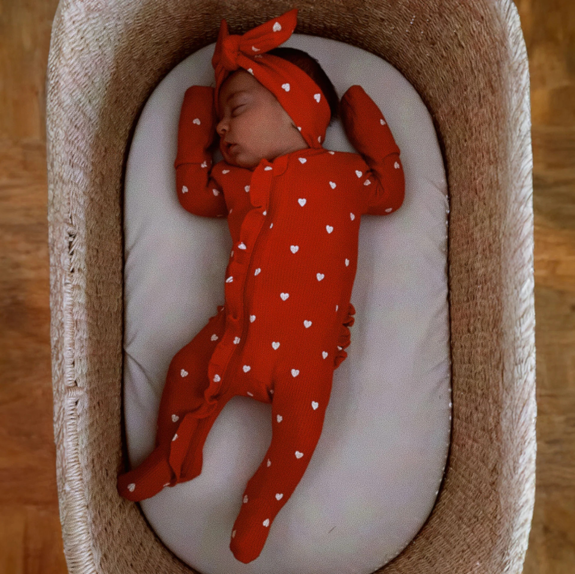 Organic Waffle Ruffle Zip Footie, Little White Heart (on Red) | SpearmintLOVE