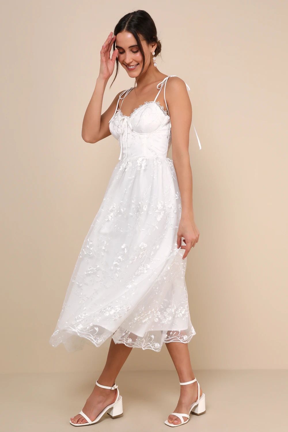 Serene Perfection White Mesh Embroidered Tie-Strap Midi Dress | Lulus