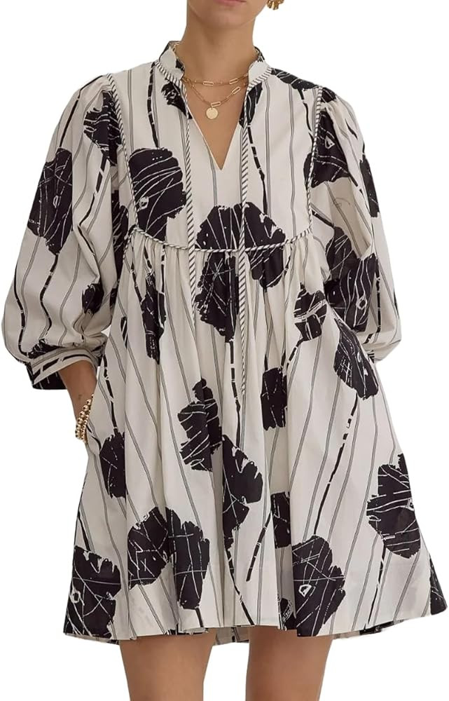 Women Floral Babydoll Mini Dress V Neck 3/4 Puff Sleeves A Line Flowy Swing Summer Sun Dresses | Amazon (US)