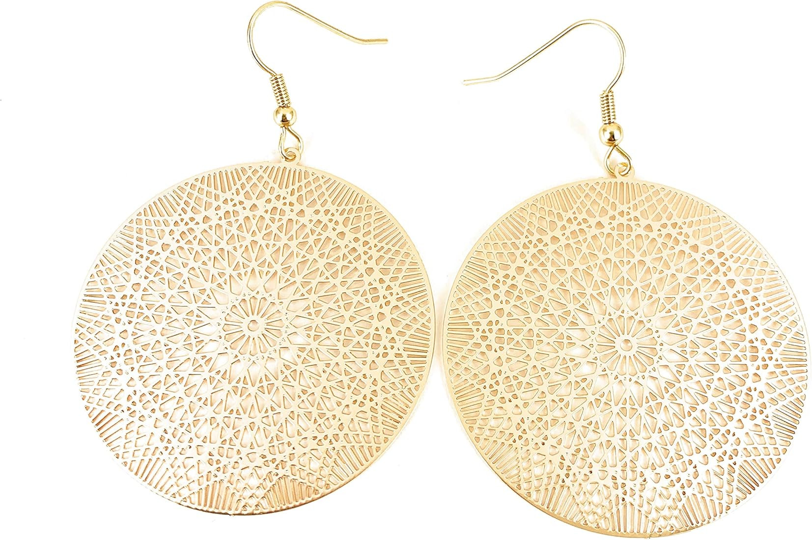 Gold filigree round disc earrings medallion 1 5/8 inches wide very lightweight circle cut out lac... | Amazon (US)