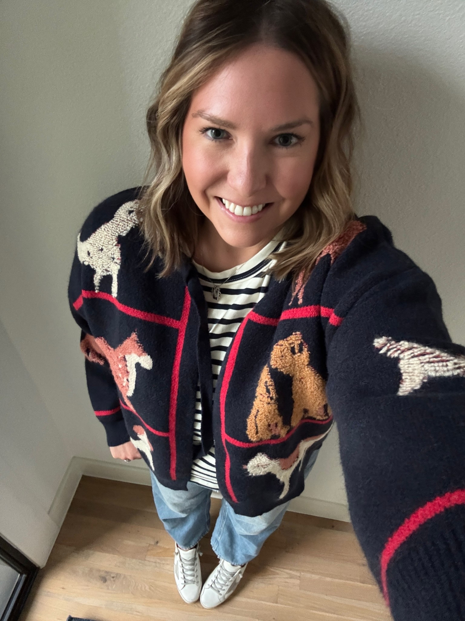 Took Buffalo to a Doodle Rock Rescue event today and I knew this sweater would be perfect. It felt like fall weather and the dogs on my sweater at a dog event was a huge hit. It’s such a fun and unique piece I’ll be wearing all fall and winter. I paired it with a navy striped tshirt and sneakers to stay comfortable  

#LTKSeasonal #LTKStyleTip #LTKMidsize