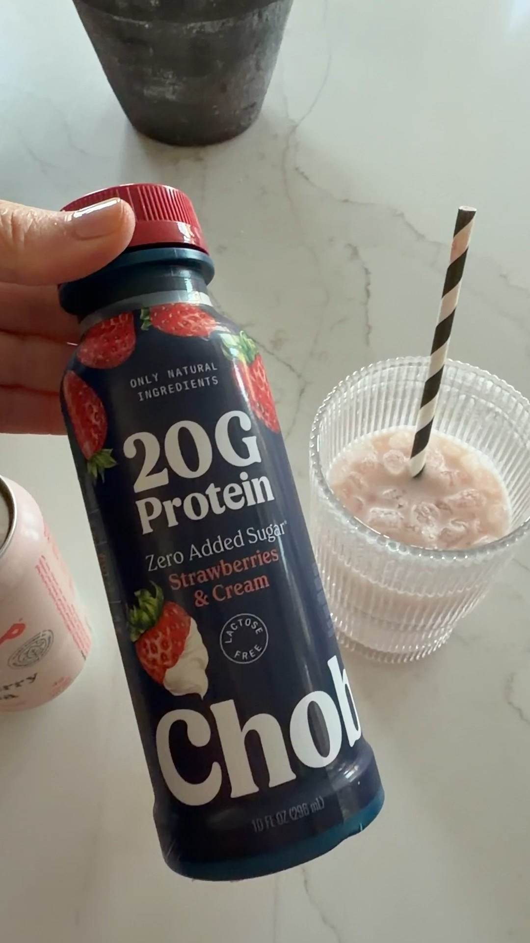 Mix chobani strawberries and cream with a little bit of strawberry vanilla olipop can also add a little pineapple juice 