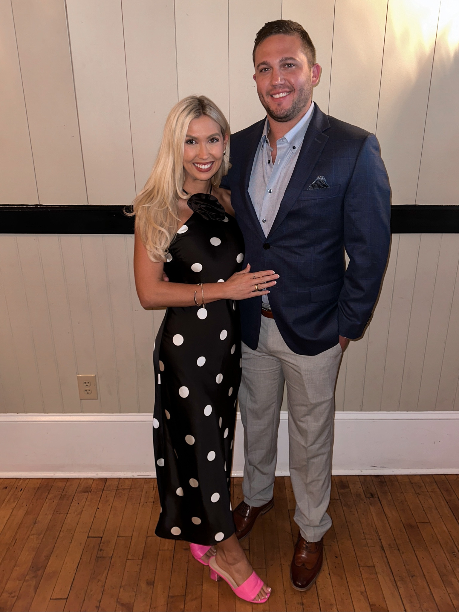 Rehearsal dinner/ black tie affair/ wedding guest dress. Halter, polka dots, silk!
