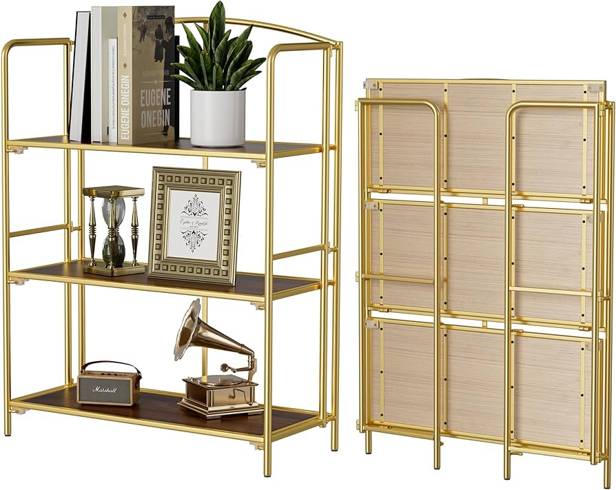 Crofy No Assembly Folding Bookshelf for Living Room, 3 Tier Gold Collapsible Book Shelf for Home ... | Amazon (US)