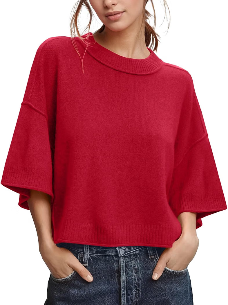 Womens Oversized Sweaters Summer Short Sleeve Casual Cropped Knit Tops | Amazon (US)