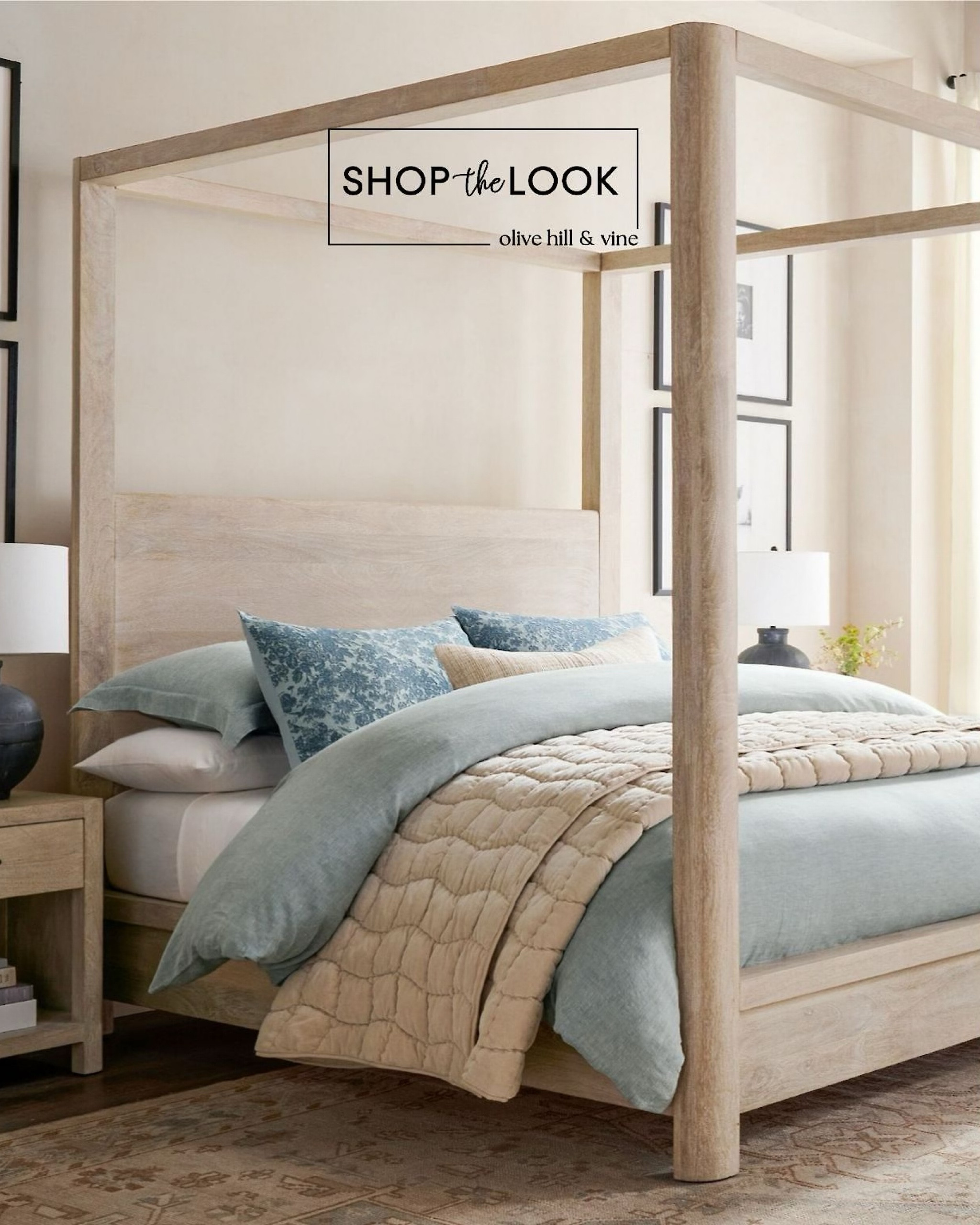 Dreaming of cozy luxury? This bedroom features a stunning light wood canopy bed, matching nightstands, a ceramic lamp, a hand-knotted wool rug, and bedding layers with a cloud quilt, toile shams, and a flax linen duvet. The perfect serene retreat!  

#LTKHome #LTKStyleTip #LTKFamily