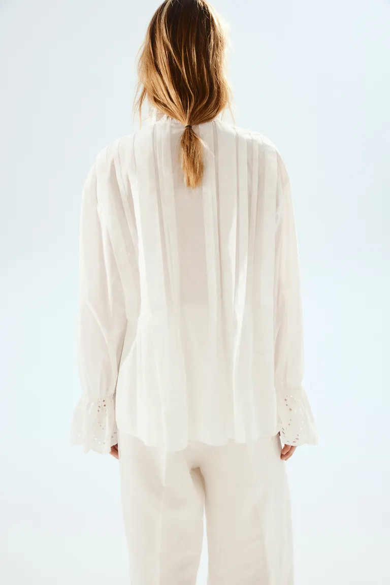 Cotton Blouse with Pintucks - Long sleeve - Regular length - White - Ladies | H&M US | H&M (US + CA)