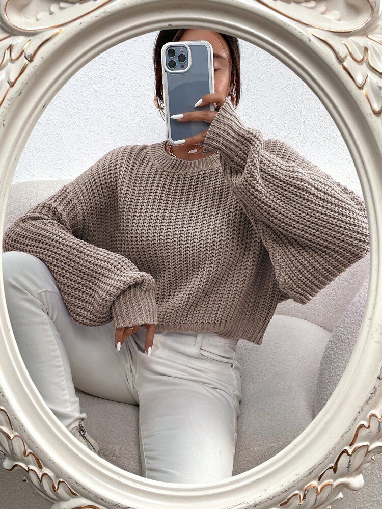 Solid Ribbed Knit Drop Shoulder Sweater | SHEIN