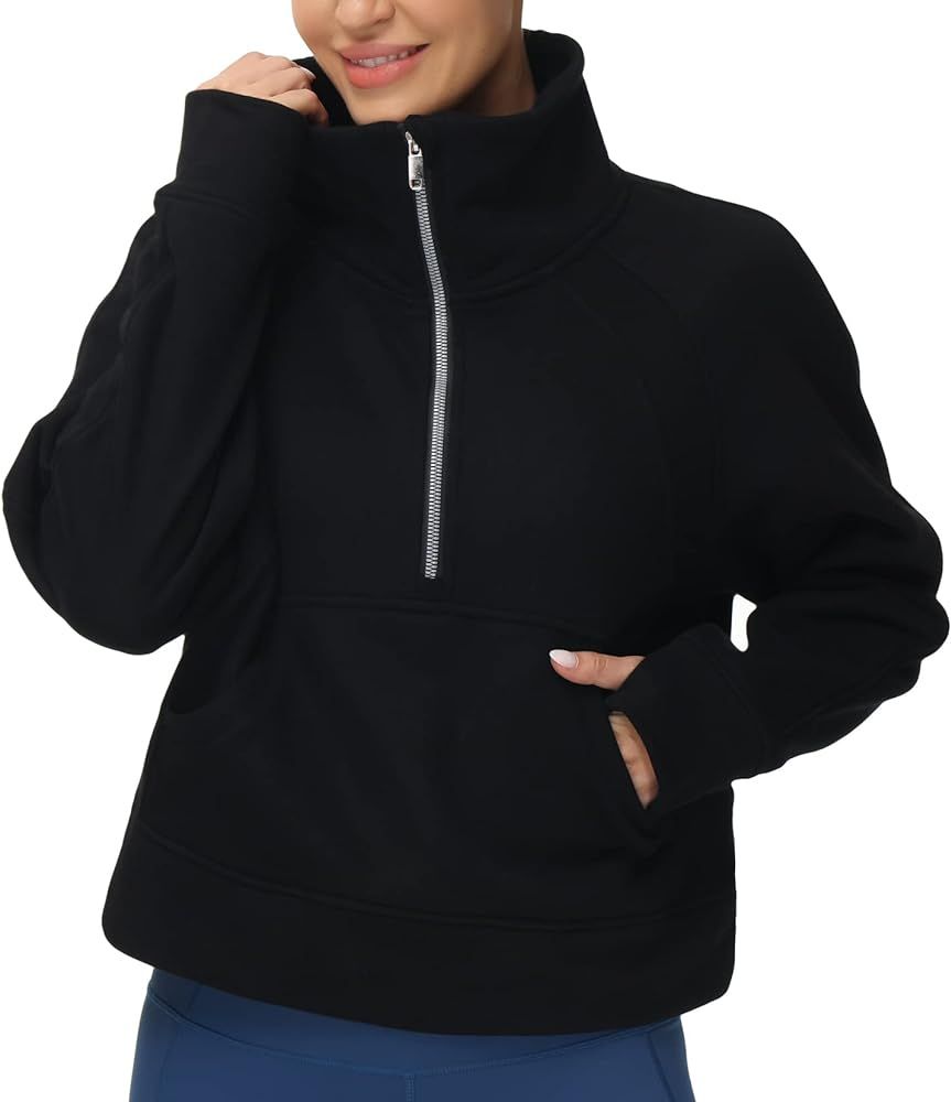 Womens' Half Zip Pullover Fleece Stand Collar Crop Sweatshirt with Pockets Thumb Hole | Amazon (US)