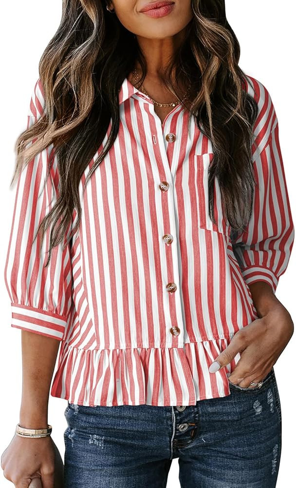 Dokotoo Cropped Button Down Striped Shirt 3/4 Length Sleeve Womens Tops Dressy Casual Blouses Bab... | Amazon (US)