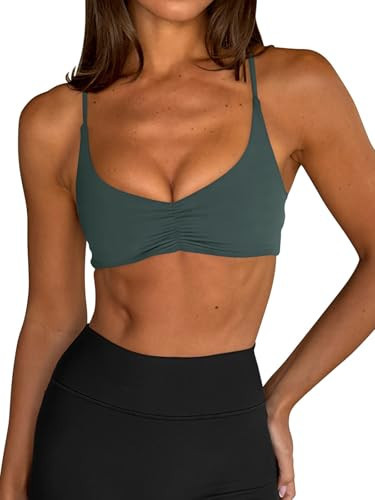 LASLULU Womens Sports Bra Sexy Cute Spaghetti Strap Backless Bra Workout Gym Yoga Clothes Bras Tops Strappy Halter Padded Sport Bras (Forest Green, Small) | Amazon (US)