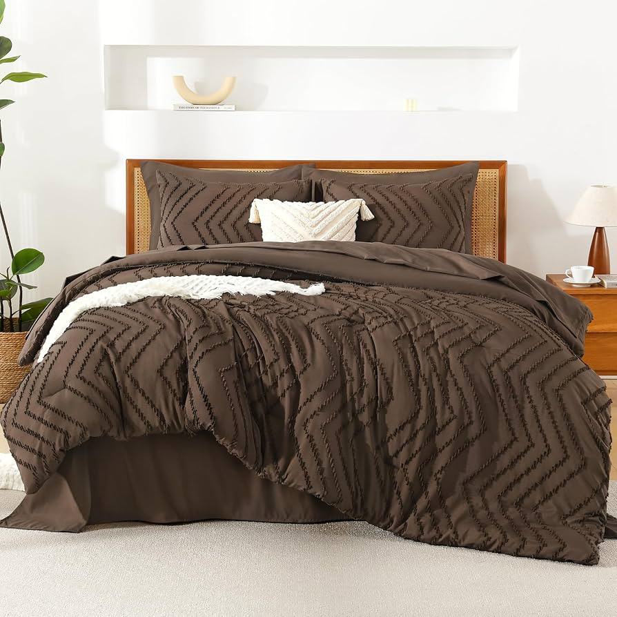 Litanika King Size Comforter Set with Sheets Brown - 7 Pieces Bed in a Bag King Chevron Tufted Co... | Amazon (US)