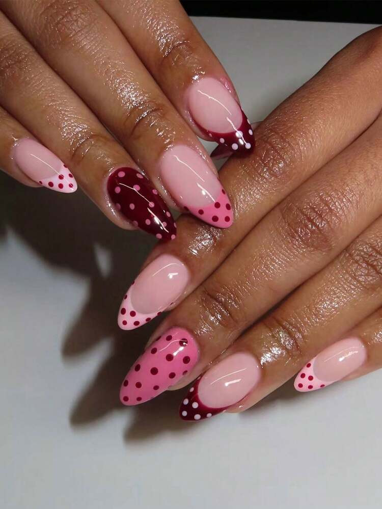 24pcs Long Almond-Shaped Pink Nail Stickers, Macaron Colors, Stripes And Polka Dots, Star Nail Decals, Perfect Fit, Set Includes: 1pc Jelly Gel And 1pc Nail File. Summer Nail Art, Suitable For Women And Girls For Daily Work And Parties. Nails Nail Supplies | SHEIN