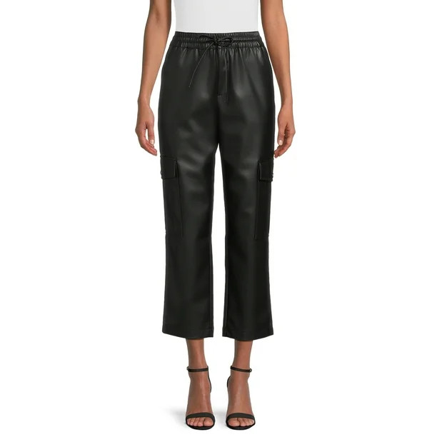 Time and Tru Women's Faux Leather Ankle Length Pull on Straight Leg Cargo Pants, 27" Inseam, Size... | Walmart (US)