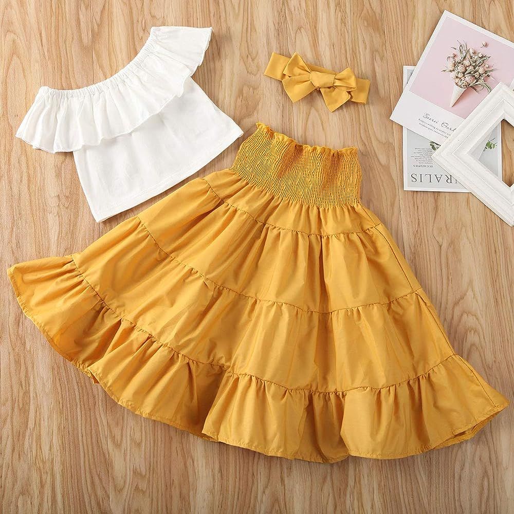 Toddler Baby Girls Summer Clothes 1-7Y Kids Girl Off Shoulder Crop Tops Ruffle Skirt Tutu Dress Outf | Amazon (US)