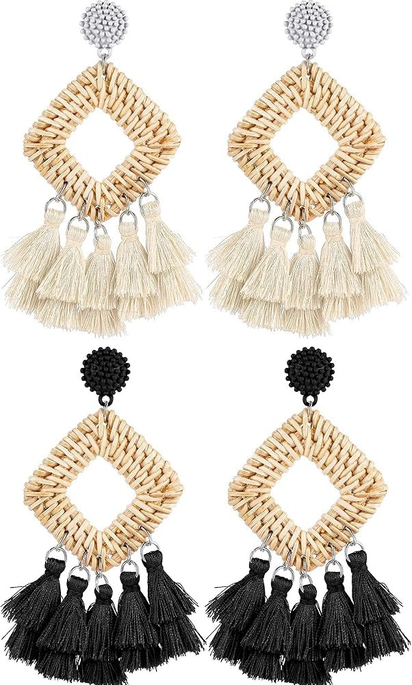 meekoo 2 Pairs Rattan Tassel Earrings for Women Bohemian Woven Earrings Summer Beach Jewelry Gift... | Amazon (US)